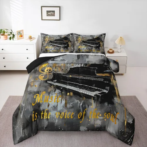Miniatura 4 de Homewish Piano Music Comforter Set King Size,Musical Notes Bedding Set 3Pcs for Kids Girls Boys Teens Room Decor,Retro Graffiti Grey Gold Down Multi