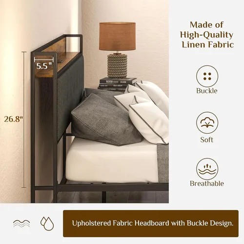 Miniatura 9 de Base de cama de plataforma tamaño Queen con cabecera tapizada y puertos USB para carga, sin somier, soporte fuerte y sin ruido, fácil montaje Marrón