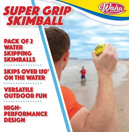 Miniatura 3 de Wahu Super Grip - Juego de 2 pelotas de skimball 100 % impermeables, para piscina y playa, salta más de 150 pies en el agua, azul/amarillo