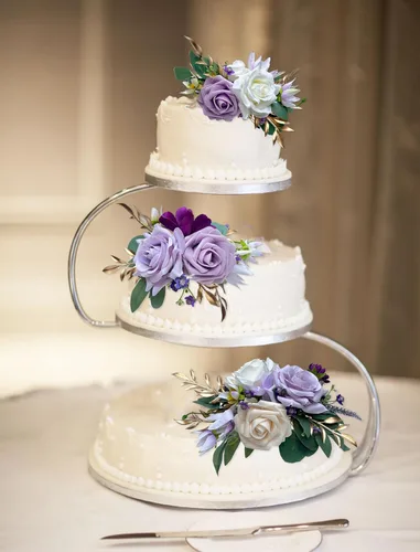 Miniatura 4 de CherishedMoments Juego de 3 adornos para tartas, decoración de flores artificiales para boda, decoración de tartas moradas para boda, aniversario