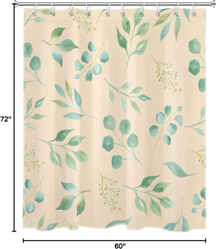 Miniatura 6 de EOBTAIN Cortina de ducha de hojas de eucalipto verde para baño, cortina de ducha con hojas de plantas naturales en beige con 10 ganchos, juego