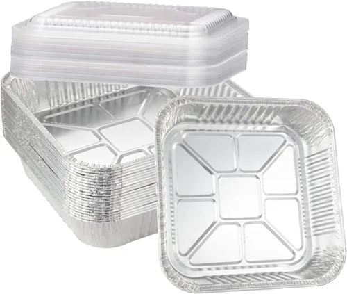Waytiffer Paquete de 20 latas desechables de papel de aluminio, resistentes bandejas cuadradas para pasteles y hornear con tapas de cúpula de