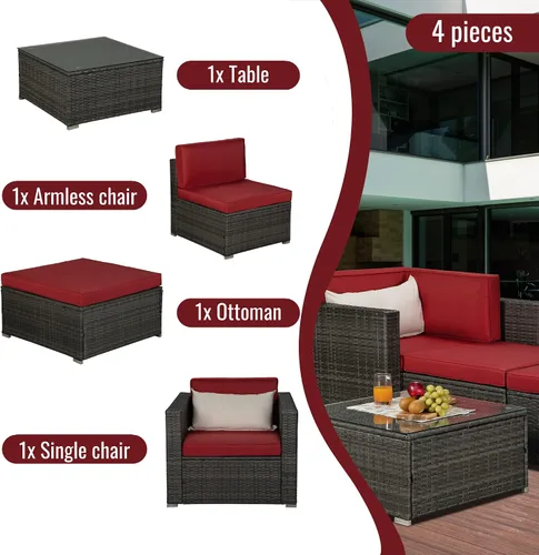 Miniatura 4 de Quarte Juego de muebles de patio de 4 piezas, sofá modular de mimbre de ratán PE para exteriores con acolchado y almohada, para porche, césped, Gris