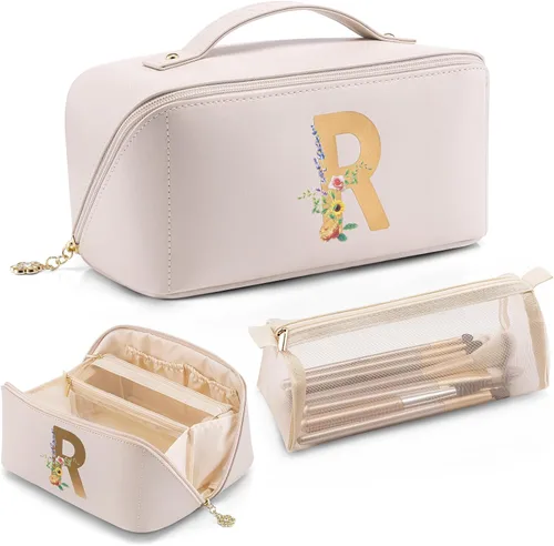Miniatura 23 de Vlando Bolsa de maquillaje de viaje, neceser para mujer, piel sintética, abierta, plana, bolsa de maquillaje, Clásico elegante