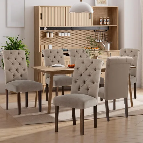 Miniatura 11 de Juego de 2 sillas de comedor, tapizadas Parsons con botones y patas de madera maciza, sillas de cocina de tela moderna para comedor, color beige