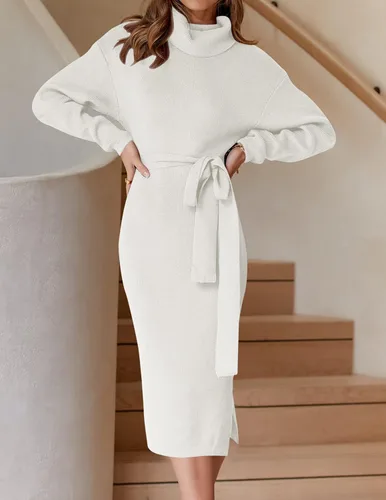 Miniatura 65 de ZESICA - Vestido por debajo de la rodilla de suéter, de cuello alto, para mujer, de manga larga, de punto acanalado, con abertura y cinturón
