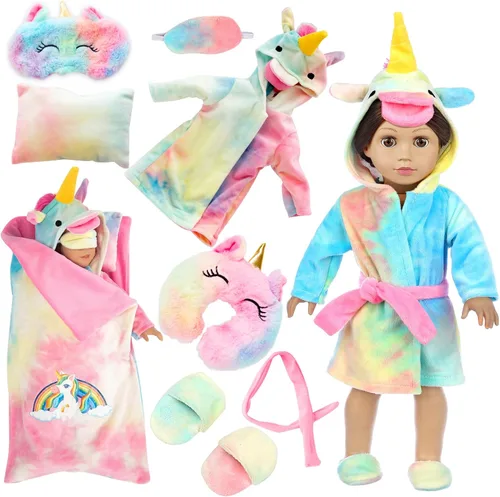 XFEYUE Juego de ropa de muñeca americana de 18 pulgadas y saco de dormir, disfraz de unicornio arcoíris con saco de dormir estilo unicornio,