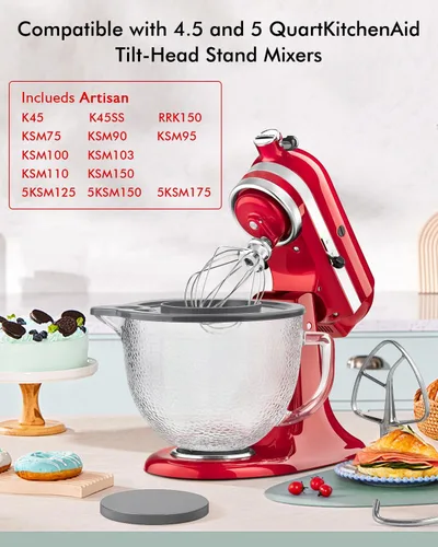 Miniatura 3 de Tazón mezclador de vidrio martillado de 5 cuartos de galón, tazón mezclador para KitchenAid de 4.5 y 5 cuartos de galón con cabezal inclinable