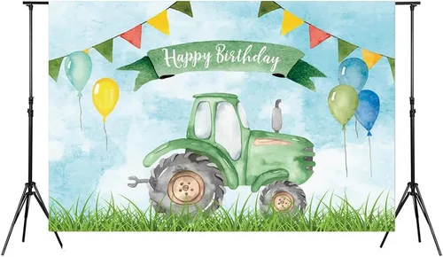 Miniatura 4 de Telón de fondo de cumpleaños de tractor verde de granja de 5 x 3 pies para decoración de fiesta de cumpleaños de niños, fondo de fotografía, globo