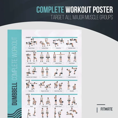 Miniatura 2 de FitMate - Póster de ejercicio con mancuernas, rutina de entrenamiento con pesas libres, decoración de gimnasio en casa, guía de habitación