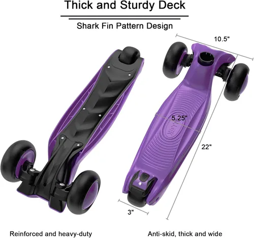 Miniatura 3 de Allek - Kick Scooter B03. Monopatín de 3 ruedas de Poliuretano iluminadas, extra anchas con sistema inclinable y deslizante (Lean 'N Glide), Morado