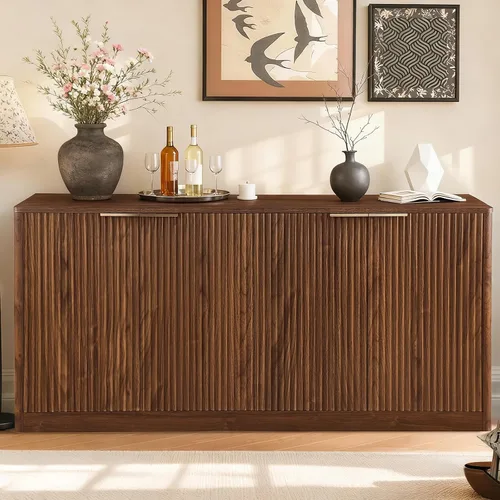 Miniatura 2 de Aparador de buffet acanalado de 59 pulgadas con almacenamiento, credenza grande con 4 puertas, armarios de almacenamiento decorativos de mediados