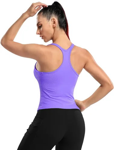 Miniatura 3 de ATTRACO Camiseta corta acanalada de entrenamiento para mujer con brasier integrado para yoga, espalda cruzada, ajuste ajustado
