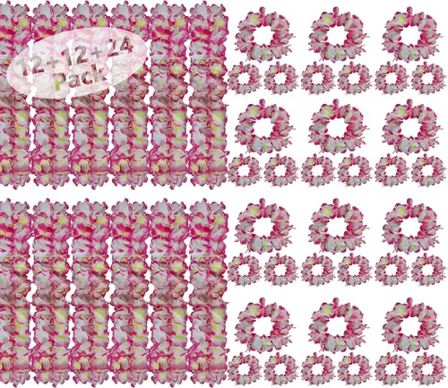 Miniatura 8 de 48 piezas de Leis hawaianos gruesos a granel, revelación de género Leis Blue Jumbo 12 diademas 24 pulseras, 12 collares florales para fiesta Luau