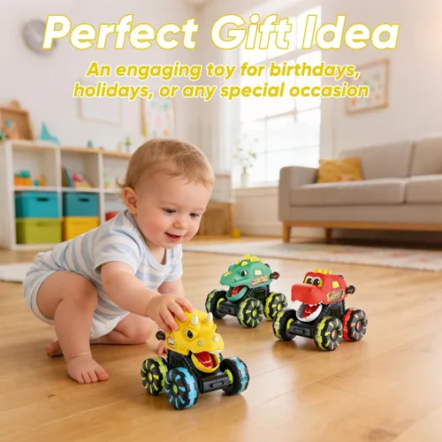 Miniatura 6 de Auto de juguetes de dinosaurio para niños, 3 piezas de camiones monstruos de dinosaurio iluminados, autos de dinosaurio con rueda LED intermitente