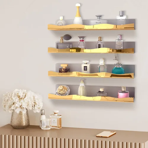 Miniatura 5 de YMVV Estante flotante montado grande de acrílico reflectante dorado de 15.7 pulgadas, estante organizador de perfumes, organizador moderno
