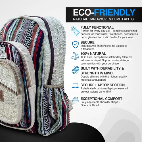 Miniatura 4 de KayJayStyles Natural - Mochila grande de cáñamo Nepal hecha a mano, BKPK-2, Computadora portátil
