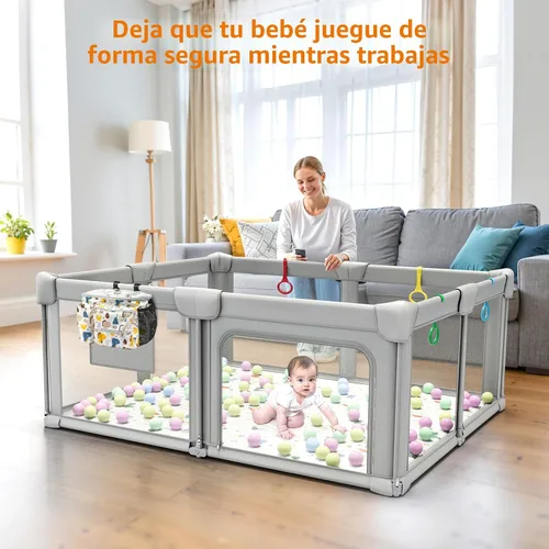 Miniatura 2 de Corralito plegable para bebés con alfombra, corralito de 71 x 59 pulgadas para bebés y niños pequeños, corral de juegos plegable grande, patio