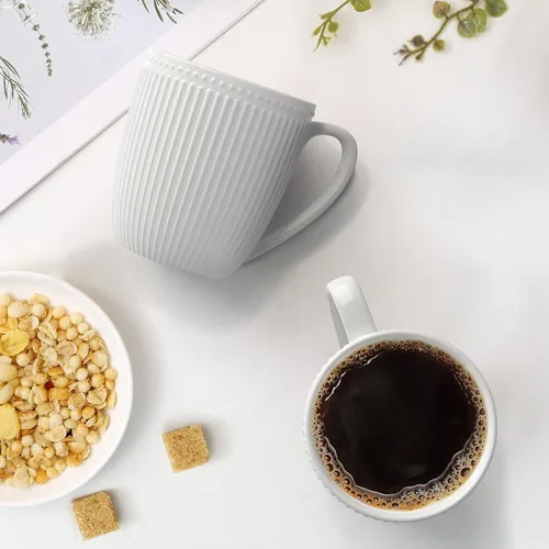 Miniatura 7 de Juego de Tazas de Café de 6, Tazas de Café Blancas de 16 Oz, Tazas de Porcelana, Grandes y Fáciles de Agarrar, Juego de Tazas en Relieve para Café