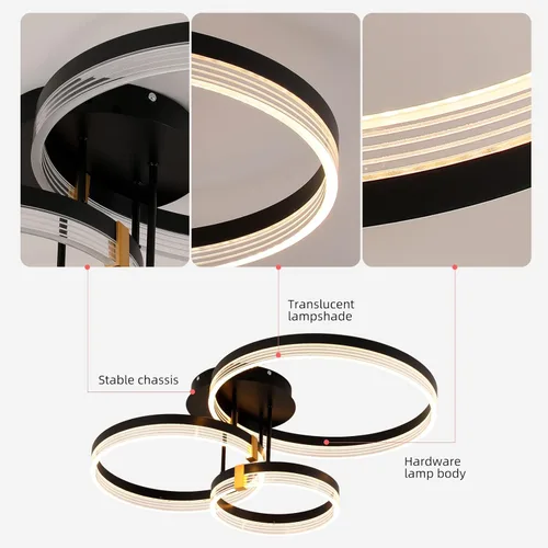 Miniatura 7 de Lámpara de techo moderna, 3 anillos LED negros cerca del techo, lámpara de techo acrílica regulable de 56 W, lámpara de techo para sala de estar