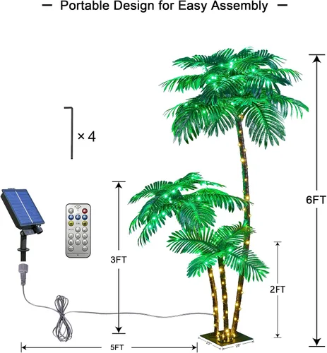Miniatura 5 de Palmera artificial iluminada con luz solar, 6 pies, 3 pies, 2 pies, 2 pies, decoración para exteriores, 203 luces LED, árbol falso para interiores
