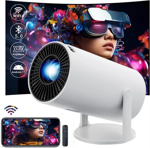 Proyector HY300 con WIFI6 y Bluetooth, soporte 4K 1080P con Android TV 11.0, mini proyector portátil giratorio 180°, proyector de película auto