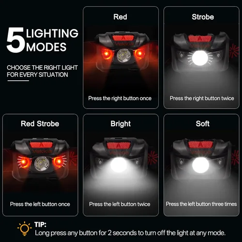 Miniatura 2 de Vekkia Linterna frontal LED ultra brillante - 5 modos de iluminación, lámpara de cabeza con LEDs blanco y rojo, accesorios para acampar. Luz frontal