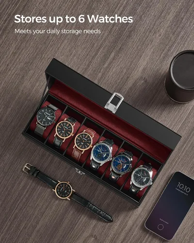 Miniatura 5 de SONGMICS Caja de reloj, caja de reloj de 6 ranuras con tapa de vidrio grande, almohadas extraíbles para reloj, organizador de caja de reloj, regalo