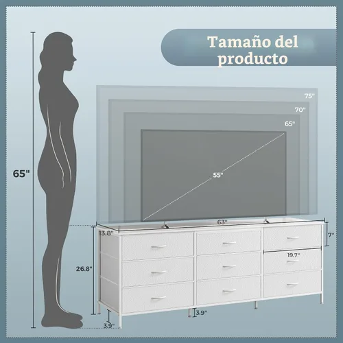 Miniatura 3 de Huuger Cómoda de 63 pulgadas para dormitorio, cómoda para armario con 9 cajones de tela, soporte de TV grande para TV de 55, 65, 70 pulgadas, centro