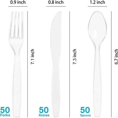 Miniatura 2 de MOACOCK 150 cubiertos de plástico transparente, tenedores de plástico pesado, cucharas, cuchillos, utensilios desechables para suministros de fiesta