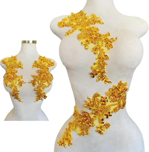 Miniatura 22 de Parches de apliques de encaje brillantes hechos a mano con cuentas de costura, lentejuelas y accesorios para vestido de novia, un par/bolsa Plata