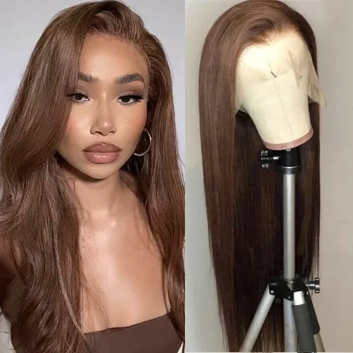 Miniatura 7 de Missyvan Pelucas de encaje frontal de cabello largo y lacio, color marrón natural, sin pegamento, castaño y rubio, pelucas sintéticas con encaje