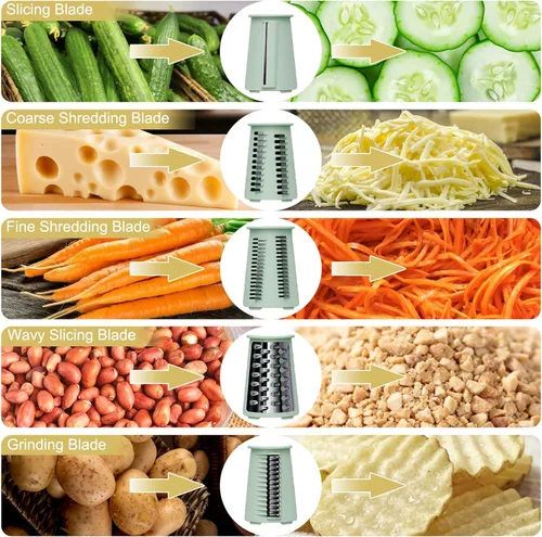Miniatura 5 de Rallador de queso 5 en 1 con manivela giratoria, picador de verduras con cuchillas de acero inoxidable reemplazables, base de succión fuerte, mango