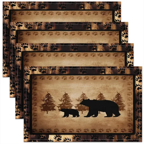 Miniatura 17 de jejeloiu Manteles individuales de mesa con osos para niños, manteles de mesa de animales salvajes de granja, mantel individual rústico de familia