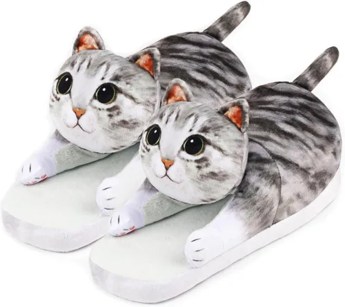 Divertidas pantuflas de gato mullidas para mujer, zapatos de casa esponjosos, bonitas pantuflas de animales para interiores y exteriores, suaves