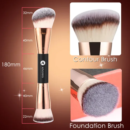 Miniatura 6 de KINGMAS Brocha para base, brocha de maquillaje bronceador premium, pinceles de contorno de doble extremo, parte superior redonda plana y en ángulo