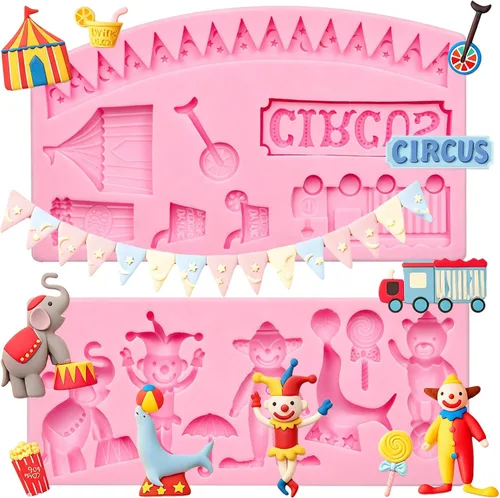 Miniatura 11 de Moldes de silicona para fondant de circo, 2 unidades, moldes de chocolate de elefante payaso, molde de cocina para hornear para decoración