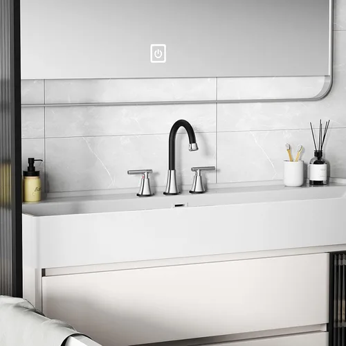 Miniatura 7 de Grifos de baño para lavabo de 3 agujeros, Hurran grifo negro y cromado para lavabo de baño con desagüe emergente y líneas de suministro, grifo
