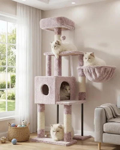 Miniatura 32 de Heybly Poste rascador para gatos, torre de árbol pequeño para gatos con 3 postes de sisal completos, cama de felpa extraíble, cepillo de aseo