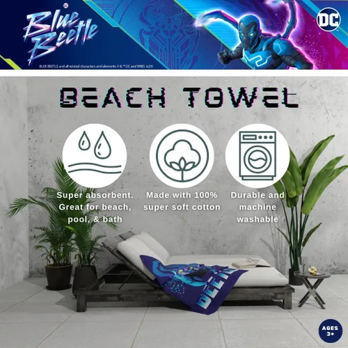 Miniatura 2 de Franco - Toalla para niños de Blue Beetle, de algodón súper suave para baño/piscina/playa, 58 x 28 pulgadas, (Producto oficial con licencia)