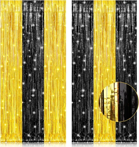 Miniatura 18 de Paquete de 2 cortinas de flecos de lámina de oropel negras de 3.2 pies x 8.2 pies, cortinas de oropel metálicas para telón de fondo de cabina