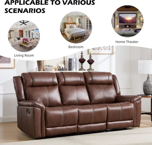 Miniatura 5 de EBELLO Sofá reclinable de cuero sintético de 3 plazas, sofá reclinable manual, silla de 3 asientos de estilo moderno de mediados de siglo con Marrón