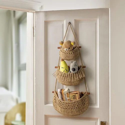 Miniatura 3 de Cesta de frutas colgante, organizador de 3 niveles sobre la puerta, cestas de pared de yute tejidas a mano para organizar, decoración BOHO