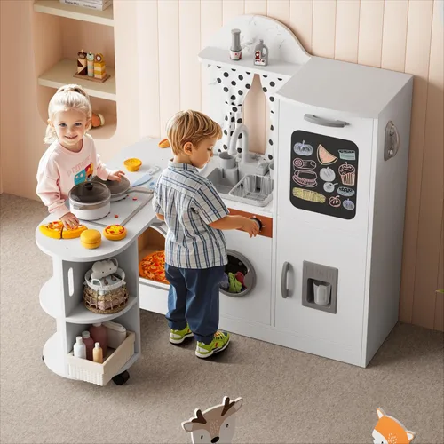 Juego de cocina de madera con rotación de 180 grados, juego de cocina de juguete de esquina interactiva para niños con luces y sonidos, juego de