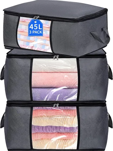 3 paquetes de bolsas de almacenamiento, 45L, con tapas, plegables, organizadores de armario, bolsas de almacenamiento para mantas con ventana