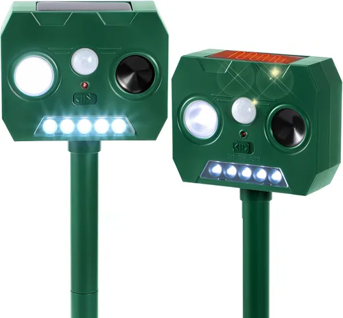 Repelente solar ultrasónico de animales al aire libre, paquete de 2 dispositivos repelentes de gatos, ardillas, mapaches, pájaros, perros, ciervos