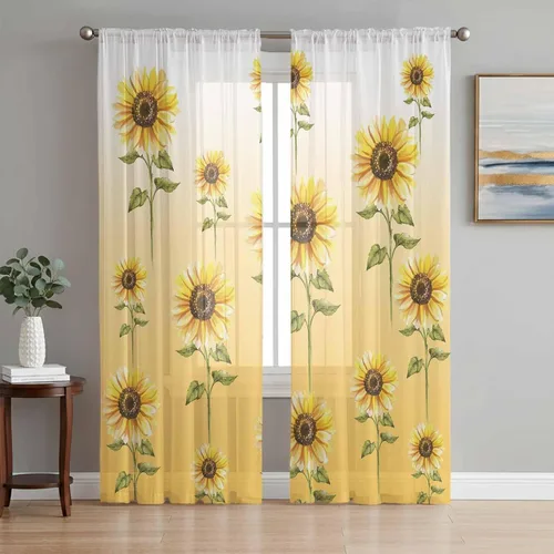 Juego de paneles de cortinas de girasol, cortinas de gasa para cocina, cortinas de gasa de privacidad para sala de estar, dormitorio, decoración