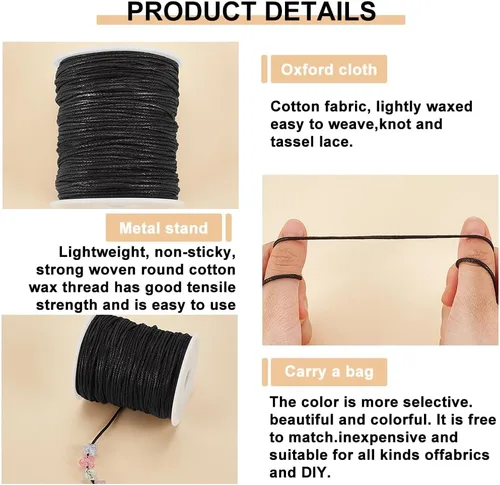 Miniatura 4 de PH PandaHall Cordón de algodón encerado de 100 yardas de 0.059 pulgadas (0.059 in), hilo encerado negro, cuerda de cuentas para pulseras, collares