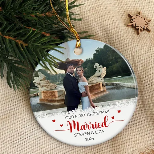 Miniatura 6 de Adorno personalizado de primera Navidad para casados, adornos de cerámica de Navidad con foto foto boda matrimonio nombre personalizado recuerdo 1ª