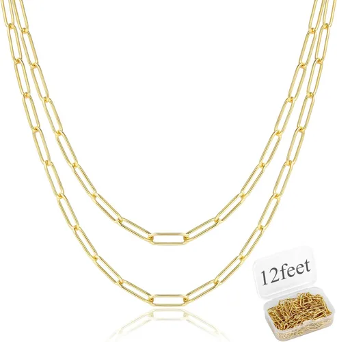 Miniatura 10 de ALEXCRAFT Cadena de clip de latón chapado en oro de 14 quilates de 24 pies a granel para fabricación de joyas (0.118 x 0.354 in), Latón 24 pies